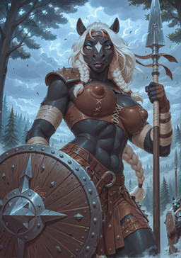 abs anthro black_body black_fur braided_hair breasts clothing cloud erect_nipples evergreen_tree fantasy female forest fur green_eyes hair holding_object holding_weapon leather leather_clothing melee_weapon muscular muscular_anthro muscular_female navel nipples outside pine_tree plant polearm shield solo spear tree weapon white_hair velen background_character eva_(velen) equid equine horse mammal absurd_res director_name hi_res