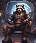 anthro clothing detailed_fur ears_up fur looking_at_viewer male male/male moon red_eyes sitting smile solo solo_focus space spacecraft spacesuit suit teeth vehicle whiskers kuranoidss rocket_raccoon mammal procyonid raccoon detailed hi_res