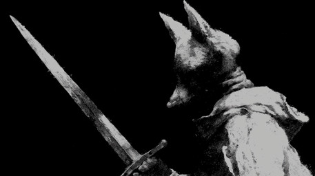 anthro black_background cloak clothing dark_background dark_fantasy fantasy male melee_weapon simple_background solo sword weapon youssefalsuccjeeda canid canine fox mammal hi_res monochrome wallpaper