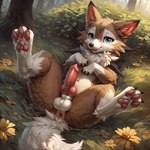 3_toes absurd_res animal_genitalia animal_penis anus balls blue_eyes canine_genitalia canine_penis cheek_tuft claws day facial_tuft feet feral fluffy forest fur generation_7_pokemon genitals hi_res inner_ear_fluff knot lycanroc lying male mengxi midday_lycanroc navel on_back pawpads penis pink_inner_ear pink_pawpads plant pokemon_(species) quadruped solo spread_legs spreading toes tree tuft