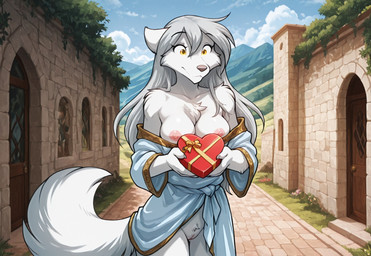 casual_nudity clothing cloud female fur genitals grey_hair hair heart_symbol nipples pink_nose pussy robe ruins sky solo standing white_body white_fur yellow_eyes sane twokinds raine_silverlock hi_res