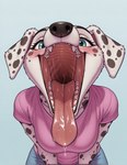 anthro black_nose black_spots blush bodily_fluids bottomwear breasts clothing denim denim_clothing drooling eyelashes female floppy_ears fur green_eyes jeans leaning leaning_forward mouth_shot open_mouth pants saliva saliva_string shirt solo solo_focus spots teeth tongue tongue_out topwear white_body white_fur mawpup canid canine canis dalmatian domestic_dog mammal absurd_res hi_res