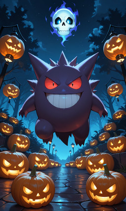 bone food fruit halloween jack-o'-lantern lamp lantern male plant pumpkin skull skull_head solo yiff_ai_(director) halloween_2025 nintendo pokemon generation_1_pokemon gengar pokemon_(species) hi_res