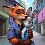 anthro arm_around_shoulders city city_background clothed clothing cuddling duo ears_up embrace female half-closed_eyes hug looking_at_viewer male male/female narrowed_eyes open_clothing open_topwear police_uniform smile street topwear uniform zootopia alucard_(director) judy_hopps nick_wilde canid canine fox lagomorph leporid mammal rabbit absurd_res hi_res