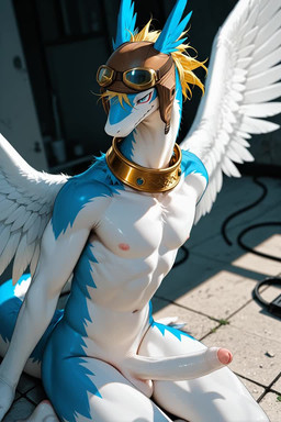anthro athletic athletic_male aviator_cap balls blonde_hair blue_body blue_eyes blurred_background erection eyeshadow feathered_wings feathers foreskin fur genitals glans golden_collar hair hands_on_ground high-angle_view humanoid_genitalia humanoid_penis inside kneeling_on_ground light long_penis looking_away makeup male mythology navel nipples nude penis pink_glans red_eyeshadow solo sunlight white_balls white_body white_penis white_wings wings wire chilon249 winddragon shiron dragon furred_dragon mythological_creature mythological_scalie scalie animated loop no_sound portrait short_playtime three-quarter_portrait webm yiffymix_(model)