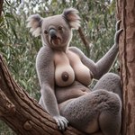 absurd_res anthro big_breasts big_nipples black_nose breasts female fur grey_body grey_fur hi_res hyper_realistic_ai koala looking_at_viewer mammal marsupial nipples plant realistic realistic_fur sagging_breasts solo solo_focus splice tree vombatiform