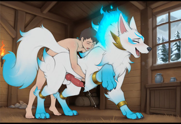 3_toes anal anal_penetration animal_genitalia animal_penis anklet balls bestiality biped black_bars blue_body blue_fire blue_fur blush bodily_fluids bracelet breath butt canine_genitalia canine_penis claws colored_fire detailed_background digitigrade dipstick_tail doggystyle dominant duo ejaculation erection eyelashes eyes_closed fangs feet feral feral_penetrated fire flaming_hair flaming_mane fluffy from_behind_position fur genital_fluids genitals hair happy happy_sex human_on_feral human_penetrating human_penetrating_feral human_penetrating_male inside interspecies jewelry knot larger_feral larger_male larger_penetrated letterbox light_body light_skin looking_pleasured male male/male male_feral male_human male_on_feral male_on_human male_penetrated male_penetrating male_penetrating_feral male_penetrating_male markings mounting multicolored_body multicolored_fur multicolored_tail nude open_mouth palphilia paws penetration penile penile_penetration penis penis_in_ass pink_genitals pink_penis plant precum precum_squirt pseudo_hair pseudo_mane quadruped raised_arm sex size_difference small_dom_big_sub smaller_human smaller_male smaller_on_top smile snow standing submissive sweat tail tail_markings tan_body teeth toe_claws toes tongue tree tuft white_balls white_body white_fur white_genitals window winter tempting_(director) palworld canid canine canis human kitsun mammal wolf hi_res