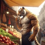 5_fingers abs anthro athletic background_character biceps black_stripes building day felid fingers food fruit fur grocery light male mammal market markings nikkolaus orange_body orange_fur overhang pantherine paws pecs plant raised_paw shirtless shirtless_anthro shirtless_male shopping solo street striped_body striped_fur striped_markings striped_tail stripes sunlight tail_markings tiger toned-muscles towel towel_only vegetable