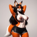 anthro big_breasts black_hair bottomwear breasts canid canine clothed clothing director_legoshi_brabo_ia female fox fur hair legoshi_brabo_ai looking_at_viewer mammal nipples seductive shorts solo topless white_body white_fur