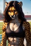 abs amber_eyes anthro biceps black_hair breasts clothing female female_anthro hair small_breasts solo spots spotted_body topwear track_and_field triceps young_adult young_anthro young_female hellapoc zakumi_(hellapoc) cheetah felid feline mammal