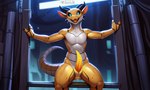 animal_genitalia anthro anus black_sclera blue_eyes erection genital_slit genitals glowing glowing_eyes horn looking_at_viewer machine male nude open_mouth penis slit solo tail tapering_penis text yellow_penis sergalbutt kobold robot scalie hi_res signature url