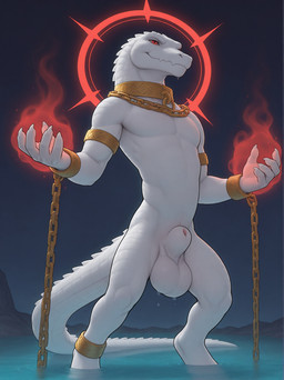 albino animal_genitalia anthro chain collar cuff_(restraint) dripping genitals gold_(metal) gold_jewelry halo jewelry magic male red_eyes restraints scales shackles sheath simple_background smile solo standing_in_water water white_body white_scales magicraven alligator alligatorid crocodilian reptile scalie hi_res
