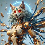 anthro bing_image_creator breasts celestial_body cybernetic_limb cybernetics dall-e_3 detailed_background duo evolution_(transformation) female glowing glowing_eyes gold_(metal) gold_body halo machine nipples photorealistic red_eyes science_fiction solo transformation goldanthrowolf megrit canid canine canis luphra'nite mammal robot wolf