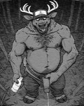 alcohol anthro antlers arm_hair baseball_cap beard beer belly beverage blep bodily_fluids body_hair bottle bottomwear bottomwear_down brown_body brown_fur chest_hair chest_tuft clothed clothing cloven_hooves crt_effect drunk facial_hair forest fur genital_fluids genitals grass happy_trail hat headgear headwear high-angle_view holding_bottle holding_object holding_penis hooves horn humanoid_genitalia humanoid_penis looking_down male male_peeing manly musclegut muscular muscular_anthro muscular_male navel night nipples outside pants pants_down partially_clothed peeing penis plant pubes slightly_chubby smile solo standing substance_intoxication sweatpants teeth tongue tongue_out topless tree tuft urine urine_on_ground urine_stream fox1400 cervid mammal absurd_res full-length_portrait greyscale hi_res monochrome portrait signature