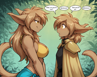 aged_up anthro armor big_breasts bikini bikini_top breasts brown_body brown_fur brown_hair cape chest_tuft clothing curvy_figure dialogue duo embarrassed feline_tail female female/female fur green_background hair long_ears long_hair looking_at_another medium_hair open_mouth sarong simple_background slim small_breasts smile smirk smug swimwear talking_to_another tuft voluptuous yellow_eyes banal_fissure twokinds madelyn_adelaide basitin hi_res