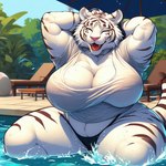 anthro big_breasts blackgum breasts chair cheek_tuft clothing eyes_closed facial_tuft felid female fur furniture inner_ear_fluff laughing mammal overweight pantherine partially_submerged pink_nose plant pool shirt smile solo splash stripes t-shirt thick_thighs thong tiger topwear tuft umbrella underwear wet wet_body wet_clothing white_body white_fur