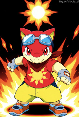 anthro clothing detailed_background eyewear eyewear_on_head fire footwear gloves goggles goggles_on_head handwear male red_body red_clothing red_eyes shoes solo sun yellow_clothing nintendo pokemon pokemon_mystery_dungeon spike_chunsoft generation_2_pokemon pokemon_(species) quilava hi_res