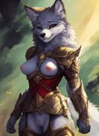 2022 5_fingers anthro areola armor bedroom_eyes biped black_nose breasts canid canine canis claws colossal_exhoost_fume erect_nipples facial_tuft female fingers fluffy fluffy_tail fur genitals grey_body grey_fur hi_res inner_ear_fluff looking_at_viewer mammal narrowed_eyes neck_tuft nipples plump_labia pussy seductive simple_background smile solo standing tuft unconvincing_armor wolf yellow_eyes