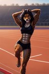 abs amber_eyes anthro athletic athletic_female biceps bottomwear breasts clothing female female_anthro hair hotpants minishorts shorts slim_body small_breasts solo spots spotted_body stretching topwear track_and_field triceps young_adult young_anthro young_female hellapoc zakumi_(hellapoc) cheetah felid feline mammal