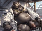 anthro balls belly ben_(zenless_zone_zero) big_belly black_nose bladewolf74 bodily_fluids clothing cum genital_fluids genitals hi_res jewelry kemono male mammal mihoyo moobs necklace nipples overweight overweight_male penis scar solo ursid video_games zenless_zone_zero