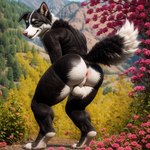 anthro anus balls black_body black_fur blaze_(marking) blue_eyes butt cheek_tuft claws day detailed_background detailed_fur facial_markings facial_tuft flower forest fur genitals head_markings inner_ear_fluff landscape light male markings mountains multicolored_body multicolored_fur nature nature_background open_mouth open_smile outside paws perineum pink_anus pink_nose plant presenting presenting_hindquarters raised_tail realistic shrub smile solo standing sunlight teasing thick_thighs three-quarter_view tree tuft white_balls white_body white_claws white_fur white_perineum white_tail_tip wide_hips blp border_collie canid canine canis collie domestic_dog herding_dog mammal pastoral_dog sheepdog absurd_res detailed hi_res