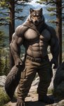 abs anthro barefoot belt bottomwear cargo_pants claws clothing feet forest looking_at_viewer male muscular pants plant solo toe_claws tree unknown_director canid canine canis mammal wolf absurd_res hi_res
