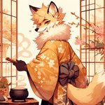anthro asian_clothing bing_image_creator canid canine cheek_tuft clothed clothing east_asian_clothing facial_tuft flower fox fur hair holding_object japanese_clothing kimono looking_at_viewer looking_back looking_back_at_viewer male mammal orange_body orange_eyes orange_fur orange_hair plant smile smiling_at_viewer solo standing steam tuft two_tone_tail white_body white_fur