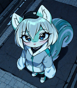 1990s anthro badge bangs blue_eyes blush clothing female fluffy footwear fur green_body green_fur grey_hair hair hat headgear headwear high-angle_view outside shoes sleeves_past_wrists sneakers solo solo_focus streetwear zipper holo_(director) mammal rodent sciurid absurd_res hi_res