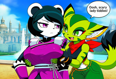 annoyed anthro big_breasts black_hair bottomwear breast_grab breast_squeeze breasts claws clothed clothing dialogue duo female female/female fur green_body green_eyes green_fur hair hand_on_breast happy interspecies looking_at_another looking_at_partner narrowed_eyes outside palace purple_clothing purple_eyes royalty scarf shoulder_armor sky smile speech_bubble standing tail text topwear white_body white_fur boxen549 freedom_planet galaxytrail carol_tea neera_li felid feline felis giant_panda mammal ursid english_text novelai