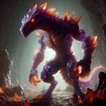 anthro cave claws crystal crystal_cave glowing glowing_eyes male muscular orange_body orange_scales purple_body purple_scales scales solo omgechounknown lizard lizardman monster reptile scalie unknown_species