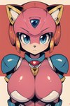 android animaloid anthro armor big_breasts blue_eyes breasts cat_nose collar domestic_cat felid feline felis female hi_res huge_breasts machine mammal polly_esther robot robotic_body rosenly samurai_pizza_cats simple_background solo