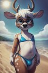 absurd_res anthro beach bikini blue_eyes brown_body brown_fur bulge cervid clothing cloud eyewear front_view fur girly glasses hair hi_res light looking_at_viewer male mammal navel navel_piercing outside piercing seaside smauggers solo spots sunlight swimwear water white_hair wide_hips