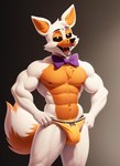 anthro black_eyes bowtie bulge canid canine clothing finaleclipse five_nights_at_freddy's fox hi_res lolbit looking_at_viewer male mammal pinup pose pupils sister_location solo underwear white_pupils