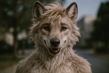 anthro big_pupils blurred_background body_fur bokeh building cinematic clear_sky dark_ears eyebrows film_grain fur green_eyes grey_body grey_fur hair happy looking_at_viewer male messy_hair no_sclera open_mouth open_smile outside path photorealism plant pupils realistic realistic_fur sky smile solo teeth tree 7oxytron canid canine canis mammal wolf alternate_version_at_source bust_portrait portrait