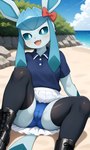 anthro beach blue_clothing blue_underwear bottomwear clothed clothing clothing_lift female legwear panties seaside skirt skirt_lift thigh_highs underwear upskirt nintendo pokemon eeveelution generation_4_pokemon glaceon pokemon_(species) absurd_res hi_res