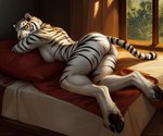 anonymous_director anthro areola bed breasts butt detailed_background feet felid female furniture inside lying mammal nipples nude on_front pantherine side_boob side_view sleeping snow_leopard solo toes