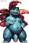 3_fingers 3_toes anthro balls blue_body claws fangs feet fingers flaccid flower foreskin genitals humanoid_genitalia humanoid_penis leaf leaf_hair looking_at_viewer male navel open_mouth overweight overweight_anthro overweight_male penis plant plant_hair pseudo_hair red_eyes simple_background solo text thick_penis thick_thighs toes tongue vein veiny_penis white_claws sergalbutt nintendo pokemon generation_1_pokemon pokemon_(species) venusaur hi_res signature url