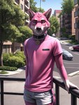 absurd_res anthro bottomwear canid canine car clothing collar hi_res male mammal outdoors outside pup_eros pup_tobey shirt shorts solo street street_lamp topwear vehicle