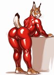 anonymous_director anthro bent_over big_breasts breasts bubble_butt butt camel_toe clothing felid feline female hi_res looking_at_viewer looking_back looking_back_at_viewer lynx mammal muscular muscular_female presenting presenting_hindquarters raised_tail rubber rubber_clothing rubber_suit smile solo whiskers