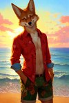 anthro athletic athletic_anthro athletic_male beach belt black_nose bottomwear bracelet canid canine canis clothing cloud coyote detailed_background fur jewelry male mammal markings orange_eyes outside sea seaside shirt shorts smile smiley solo sunset topwear water white_markings