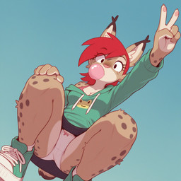 anthro bottomwear bubble_gum clothed clothing female footwear gesture hair hoodie off_shoulder panties red_hair shoes skirt sneakers topwear underwear upskirt v_sign white_clothing white_panties white_underwear verbotenvertex frankie_foster felid feline lynx mammal hi_res