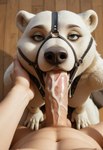 anthro blue_eyes bodily_fluids bridle cum cum_in_mouth cum_inside cum_on_penis duo fangs fellatio female first_person_view fur genital_fluids genitals high-angle_view human_on_anthro interspecies kneeling lidded_eyes looking_at_another looking_at_partner male male/female nipples on_ground open_mouth oral penile penis photorealism realistic realistic_fur realistic_lighting saliva seductive sex solo teeth tongue tongue_out white_body white_fur wood_floor nnam_si3 human mammal polar_bear ursid ursine hi_res