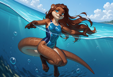 4_toes 5_fingers anthro artois_posting_service barefoot black_nose blue_clothing blue_eyes blue_sky blue_swimwear breasts brown_body brown_fur brown_hair brown_nose brown_tail bubble claws clothed clothing cloud comfyui_(software) countershade_face countershade_feet countershade_neck countershade_thighs countershade_torso countershading darkvaesdxl_whodimmedthelight_(vae) day detailed_background eyebrows eyelashes feet female finger_claws fingers fur glistening glistening_body glistening_clothing glistening_hair hair hindpaw long_hair looking_at_viewer membrane_(anatomy) myslrvae_v10_(vae) nai-diffusion-furry-3_(model) navel navel_outline novafurryxl_(model) one-piece_swimsuit open_mouth outside partially_submerged pawpads paws ponystandardvae_v10_(vae) realesrgan_x4plus_(upscaler) sea sky small_breasts smile smiling_at_viewer solo sport_swimsuit swimming swimwear tail tan_body text toe_claws toes tuft underwater water webbed_hands wet crashbandit lutrine mammal mustelid attempted_signature digital_media_(artwork) prompt_metainfo shaded
