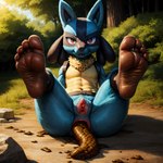 anatomically_correct anatomically_correct_anus anatomically_correct_genitalia anatomically_correct_pussy anthro anus breasts feces female front_view fur generation_4_pokemon genitals legs_up looking_at_viewer lucario nipples pokemon_(species) pussy scat solo spread_legs spreading wrinkled_feet wrinkled_soles wrinkly_soles