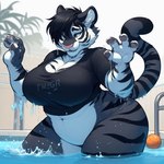 anthro big_breasts big_butt black_body black_fur black_hair blackgum bottomless breasts butt cheek_tuft clothed clothing facial_tuft felid female fur hair inner_ear_fluff mammal navel overweight pantherine partially_submerged pink_nose pool shirt smile solo stripes t-shirt thick_thighs tiger topwear tuft water wet wide_hips