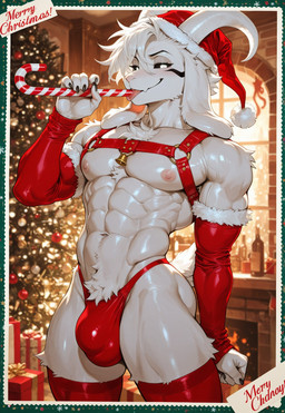 abs anthro arm_warmers armwear athletic athletic_anthro athletic_male biceps black_nails black_sclera blush body_hair bulge candy candy_cane chest_harness chest_tuft christmas_clothing christmas_headwear christmas_present christmas_theme christmas_tree civitai clothing colored_nails crotch_tuft dessert food fur hair harness hat headgear headwear horn legwear licking licking_candy_cane long_ears looking_at_viewer male muscular muscular_anthro muscular_male muscular_thighs nails narrowed_eyes navel nipples plant pubes red_clothing santa_hat short_tail smile smiling_at_viewer solo text thigh_highs thong tiranthetyrant tongue tongue_out tree tuft underwear white_body white_fur white_hair undertale undertale_(series) asriel_dreemurr asriel_dreemurr_(god_form) boss_monster bovid caprine mammal 2025 attempted_signature colored detailed english_text hi_res portrait shaded tagme