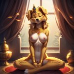 anthro bird_dog blonde_hair blue_eyes breasts canid canine canis crown domestic_dog eyes_closed female front_view genitals gold_(metal) gold_jewelry golden_retriever hair hunting_dog jewelry lurktime_(director) mammal meditating meditation pussy retriever sitting solo