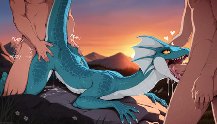 <3 ambiguous_penetration anthro anthro_penetrated arm_hair bodily_fluids body_hair claws countershading cum cum_drip cum_in_mouth cum_inside cum_on_ground drinking drinking_cum dripping excessive_cum excessive_genital_fluids eyelashes fellatio female female_anthro fin finger_claws from_behind_position genital_fluids genitals group group_sex hand_on_butt head_fin human_on_anthro human_penetrating interspecies leg_hair long_neck lying male male/female male_human mmf_threesome motion_lines nude on_front on_rock onomatopoeia open_mouth oral outside penetration penile penis pupils sex sharp_teeth slit_pupils sound_effects spitroast sunset taller_female teal_scales teeth text thrusting tongue trio white_body white_countershading yellow_eyes terraraptor world_of_midria human lizard mammal reptile scalie veskula 3wolfmondaisdg_(model) director_name hi_res