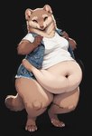 anthro belly belly_overhang bottomwear clothed clothing female navel obese overweight overweight_female shirt shorts solo t-shirt thick_thighs topwear vest ffox475 gulonine mammal marten mustelid musteline tail absurd_res hi_res