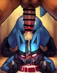 ahegao ambiguous_gender anthro ass_up balls blush bodily_fluids bowl butt censored censored_penis container cum cum_in_bowl cum_in_mouth cum_inside cum_on_butt cum_on_face duo generation_4_pokemon genital_fluids genitals human licking_cum looking_pleasured lucario male male/male mammal n980a penis pokemon_(species) spread_legs spreading